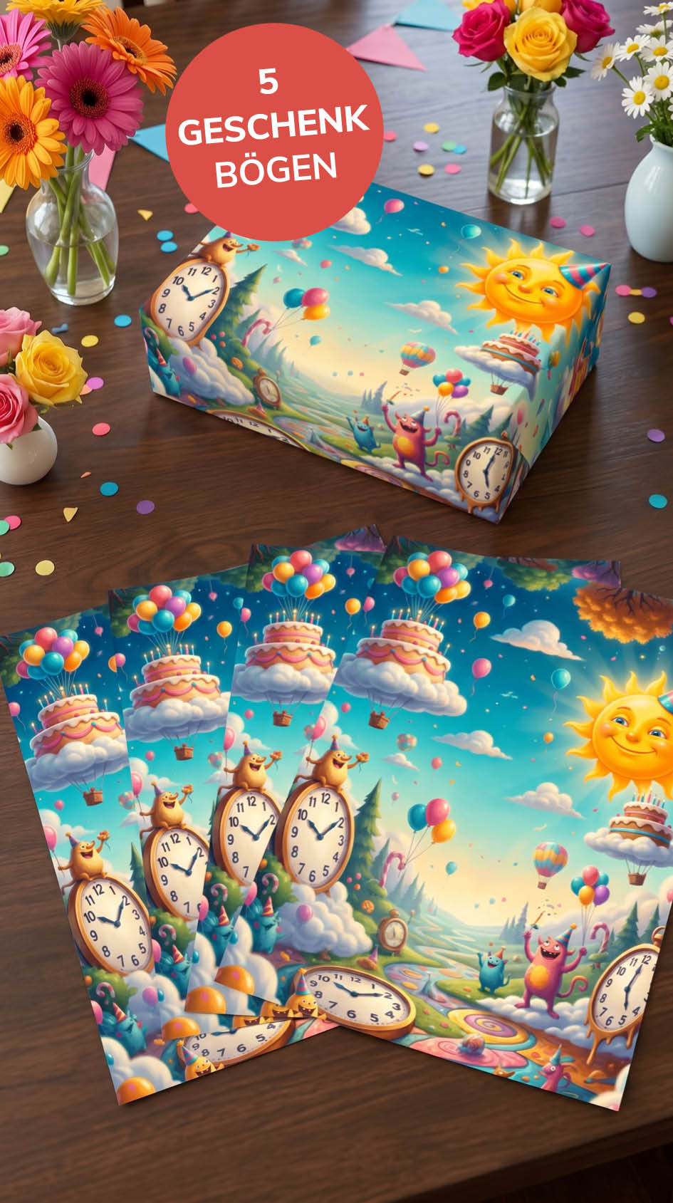 Lustiges Geschenkpapier Set 5 Bögen Lebensfreude 2 - witziges Motiv zum Geburtstag - Individuelle Einladung